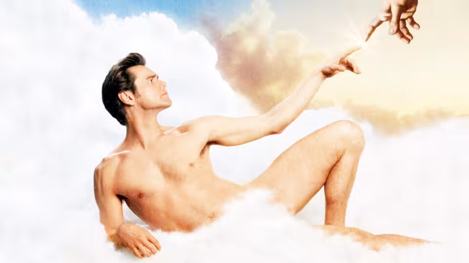 Bruce Nolan (Jim Carrey) reclining on clouds reaching up to touch a hand