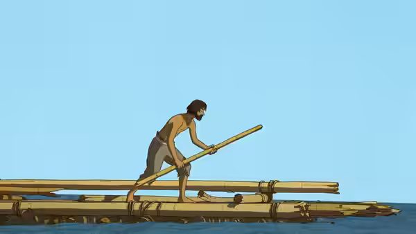 A bearded man grips a long pole while balancing on a bamboo raft