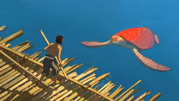 A man stands on a wooden raft facing a large red turtle in the sea