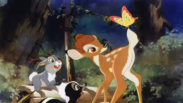 Young Bambi watches a butterfly as Thumper and Flower look on