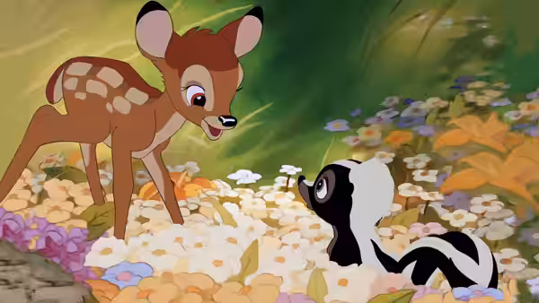 Young Bambi speaks to Flower the skunk in a blooming meadow
