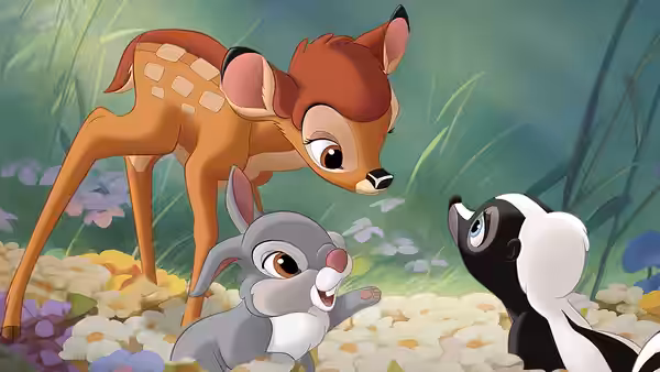 Young Bambi looks down at Thumper and Flower among wildflowers