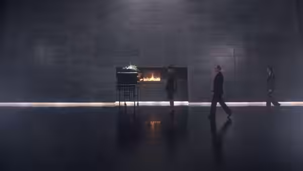 Three men walk past a television and a fireplace in a vast dark room
