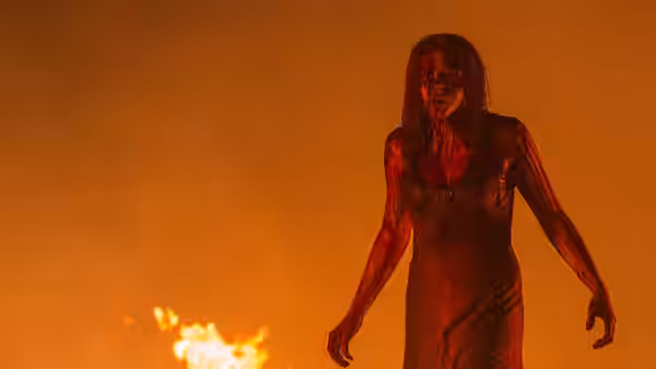 A blood-soaked woman stands before flames in an orange night sky