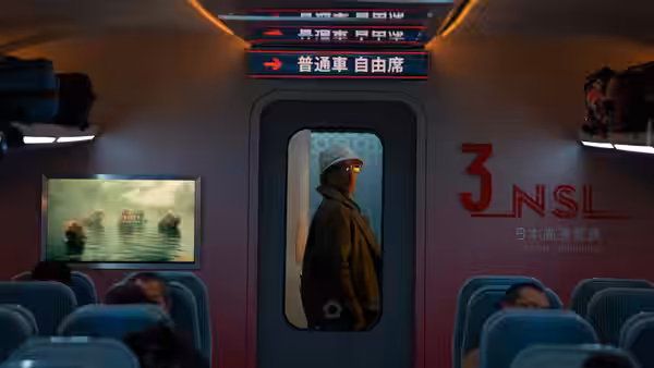 A man in hat and coat looking through an open train compartment doorway