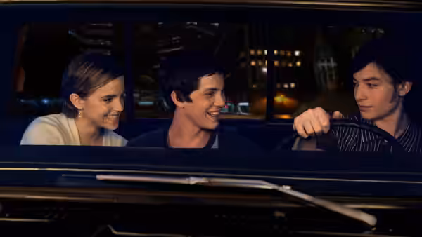 Sam (Emma Watson), Charlie (Logan Lerman) and Patrick (Ezra Miller) in a car at night