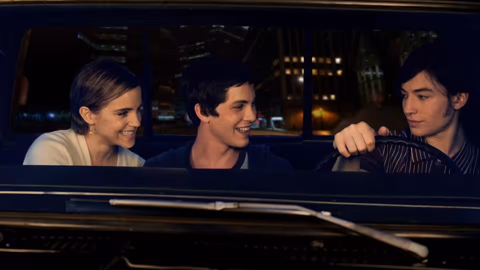 Sam (Emma Watson), Charlie (Logan Lerman) and Patrick (Ezra Miller) in a car at night