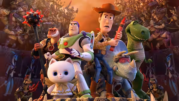 Woody Buzz Lightyear and Rex standing with other toys in a rocky battle setting