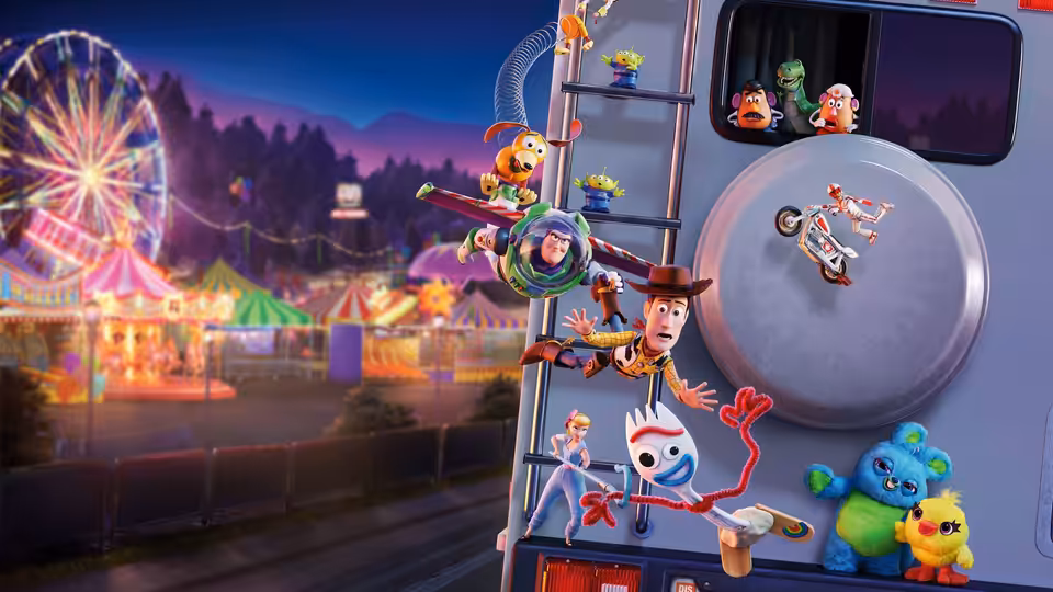 Woody and Buzz Lightyear with Forky climbing a carnival ride ladder at night