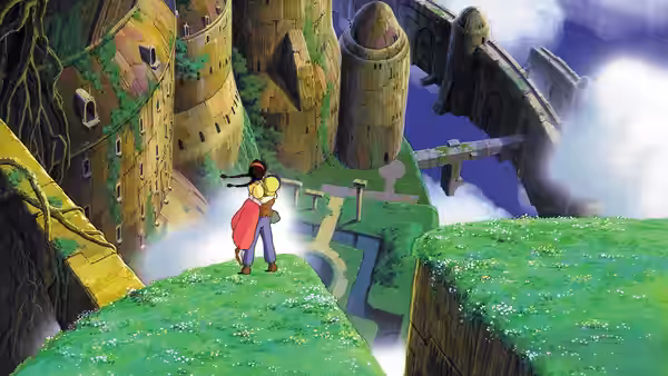 Sheeta (Keiko Yokozawa) and Pazu (Mayumi Tanaka) stand on a cliff near a castle