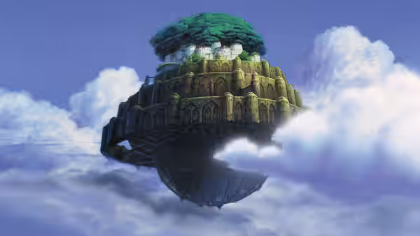 A castle with gardens floats high among white clouds