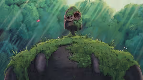 An overgrown robot head rests on a moss-covered hill