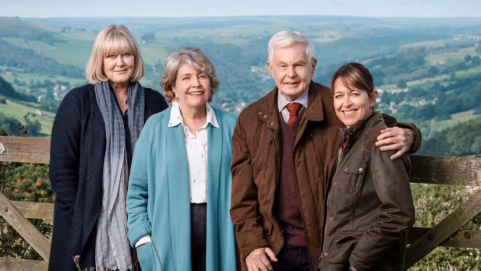 Caroline (Sarah Lancashire), Celia (Anne Reid), Alan (Derek Jacobi) and Gillian (Nicola Walker) pose together in the countryside