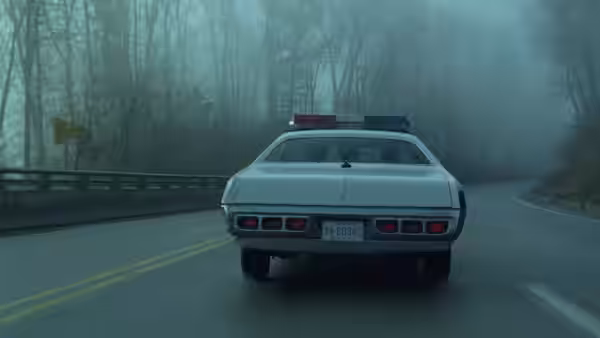 Police car driving away on a foggy winding forest road