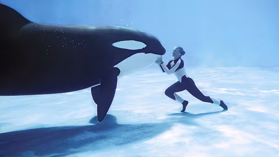 A woman in a wetsuit faces an orca underwater on a sandy floor