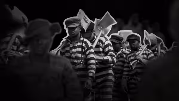 Men in striped prison uniforms holding signs in a crowd
