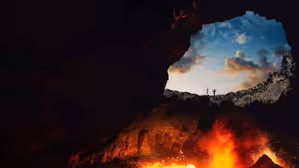 Two figures stand at a cave opening above glowing lava at dusk