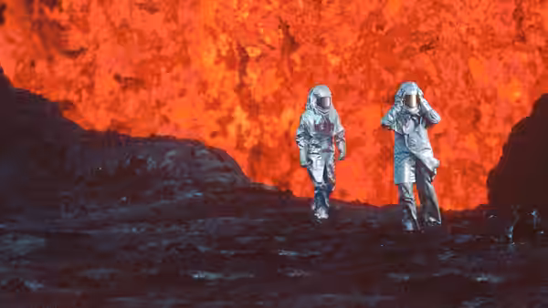 Two figures in silver suits walk dark ground before a vast lava flow