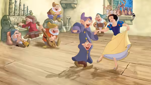 Snow White dancing with a dwarf while others play music