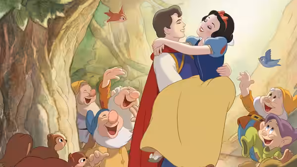 Snow White hugging the Prince surrounded by cheering dwarfs