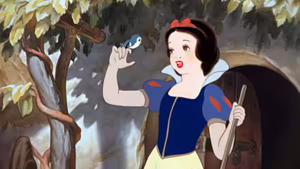 Snow White holding a small blue bird by a cottage door