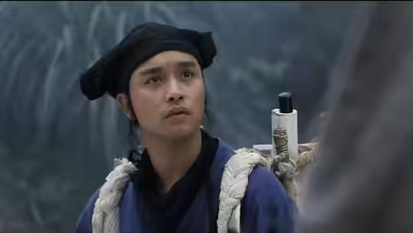 Ling Choi-san (Leslie Cheung) looks upward in a misty forest