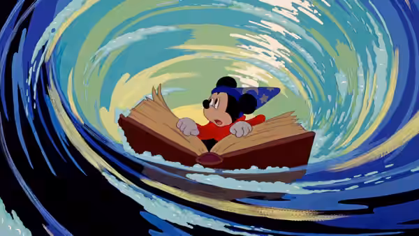 Mickey Mouse (Walt Disney) rides an open book through swirling water