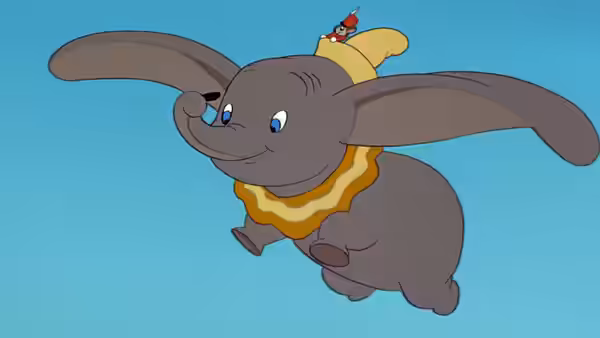 Dumbo flying through the sky with Timothy Mouse on his head