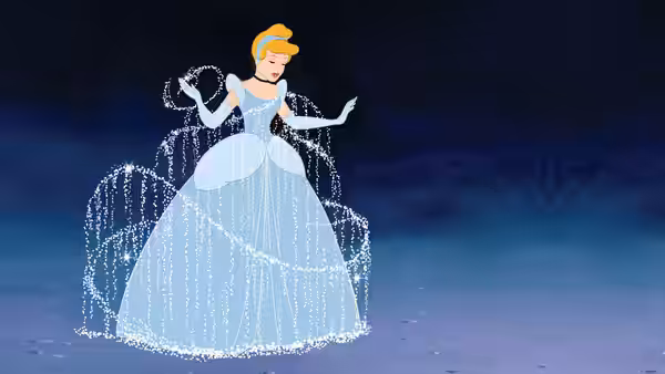 Cinderella (Ilene Woods) in sparkling blue ball gown at night
