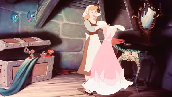 Woman in apron holding pink dress while mice watch nearby
