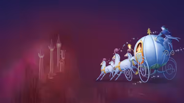 Pumpkin carriage with white horses approaching castle at night