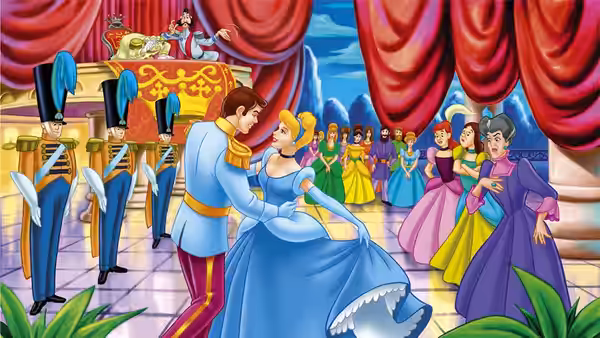 Cinderella (Ilene Woods) dancing with prince at crowded royal ball
