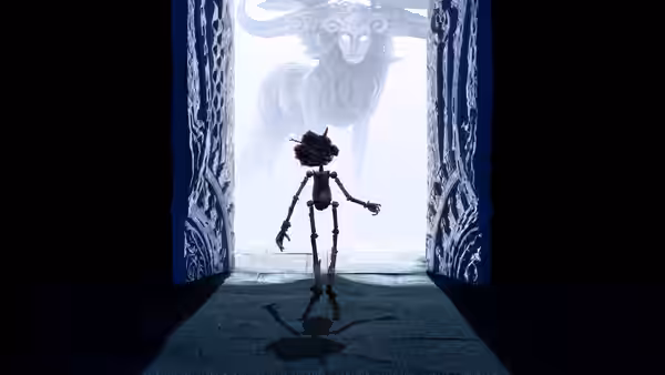 A small wooden puppet standing in a doorway before a large horned creature