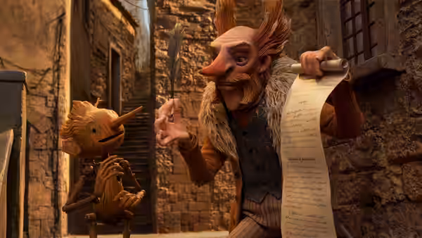Count Volpe (Christoph Waltz) holding a scroll and gesturing to Pinocchio