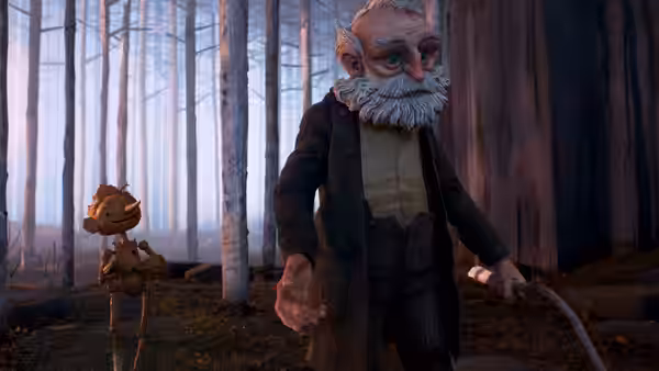 Geppetto (David Bradley) reaching toward Pinocchio in a misty forest