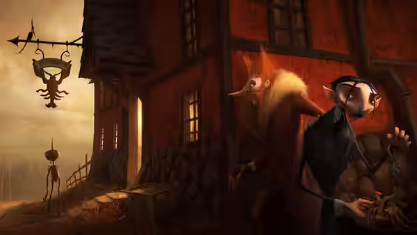 Spazzatura and a black-clad figure standing outside a red wooden building