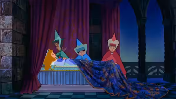 Three fairies in pointed hats gather around a baby in a castle cradle