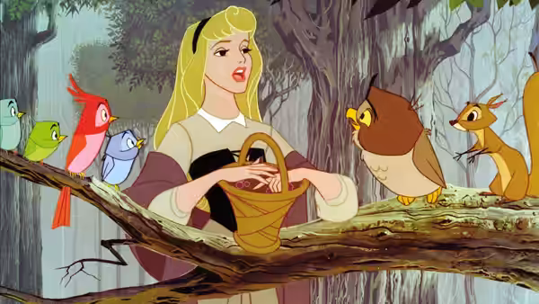 Princess Aurora sits on a tree branch with a basket surrounded by birds and animals