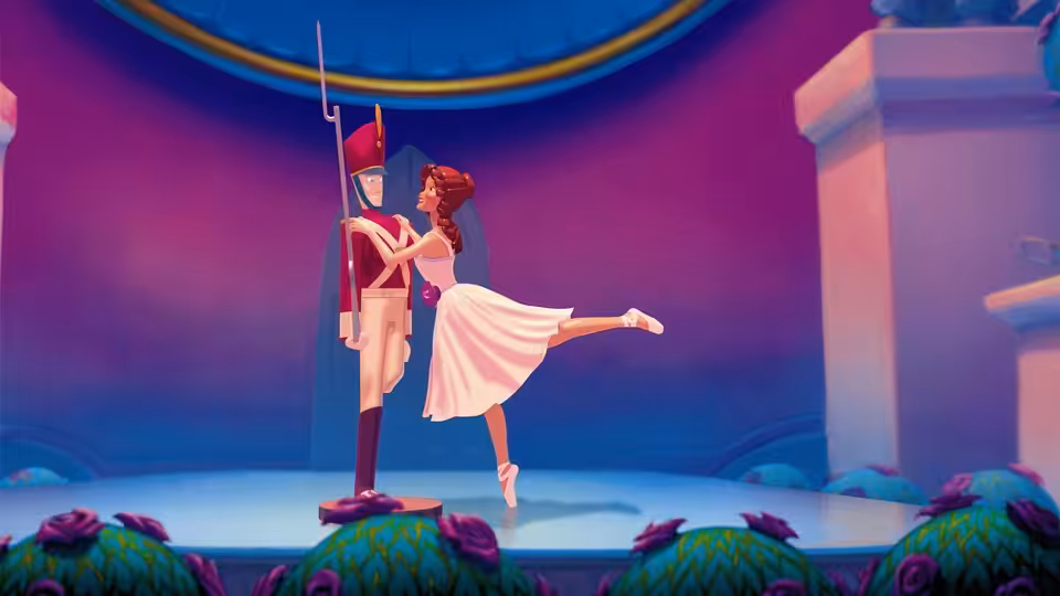 A ballerina dances beside a tall toy soldier beneath a circus tent