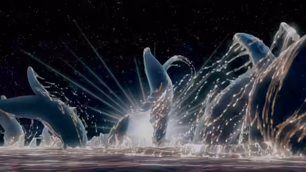 Humpback whales breach from the ocean, spraying water beneath a starry sky