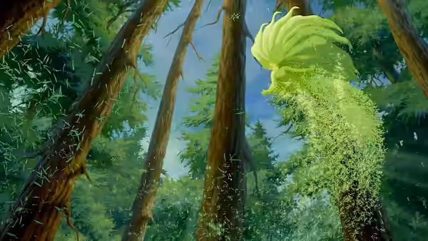 A towering green plant-like figure rises among trees in a forest
