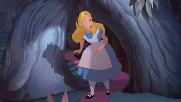 Alice standing in a dark forest looking surprised