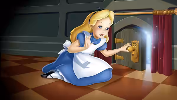 Alice kneeling to reach the doorknob on a tiny door