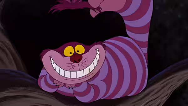 The Cheshire Cat smiling widely while perched on a tree branch