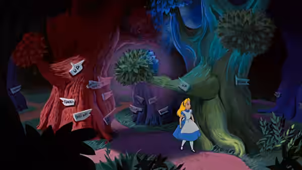 Alice walking through a forest of trees with directional signs