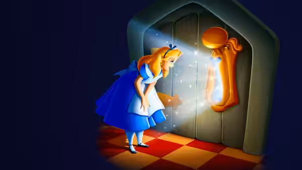 Alice peering through the keyhole of an illuminated door