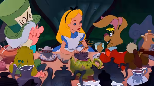 Alice, the Mad Hatter and the March Hare having tea together