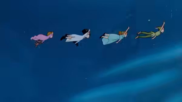Wendy (Kathryn Beaumont) and brothers follow Peter Pan (Bobby Driscoll) flying across night sky