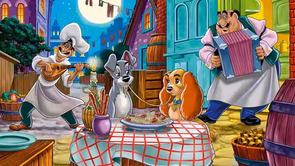 Two musicians perform for Lady and Tramp sharing spaghetti at an outdoor table