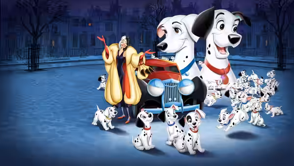 Cruella De Vil stands by her car surrounded by dalmatians at night